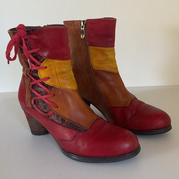 Vintage Laura Vita Bohemian Patchwork Leather Ankle Boots Women’s 8.5 Chunky - Picture 3 of 14